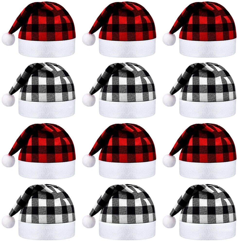 9528 12 Pieces Christmas Santa Hat Xmas Non Woven Fabric Hat Santa Plaid